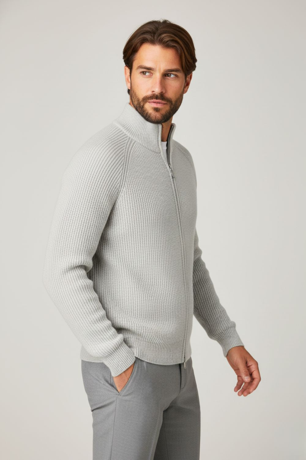 Gray Zip-Up Knit Jacket